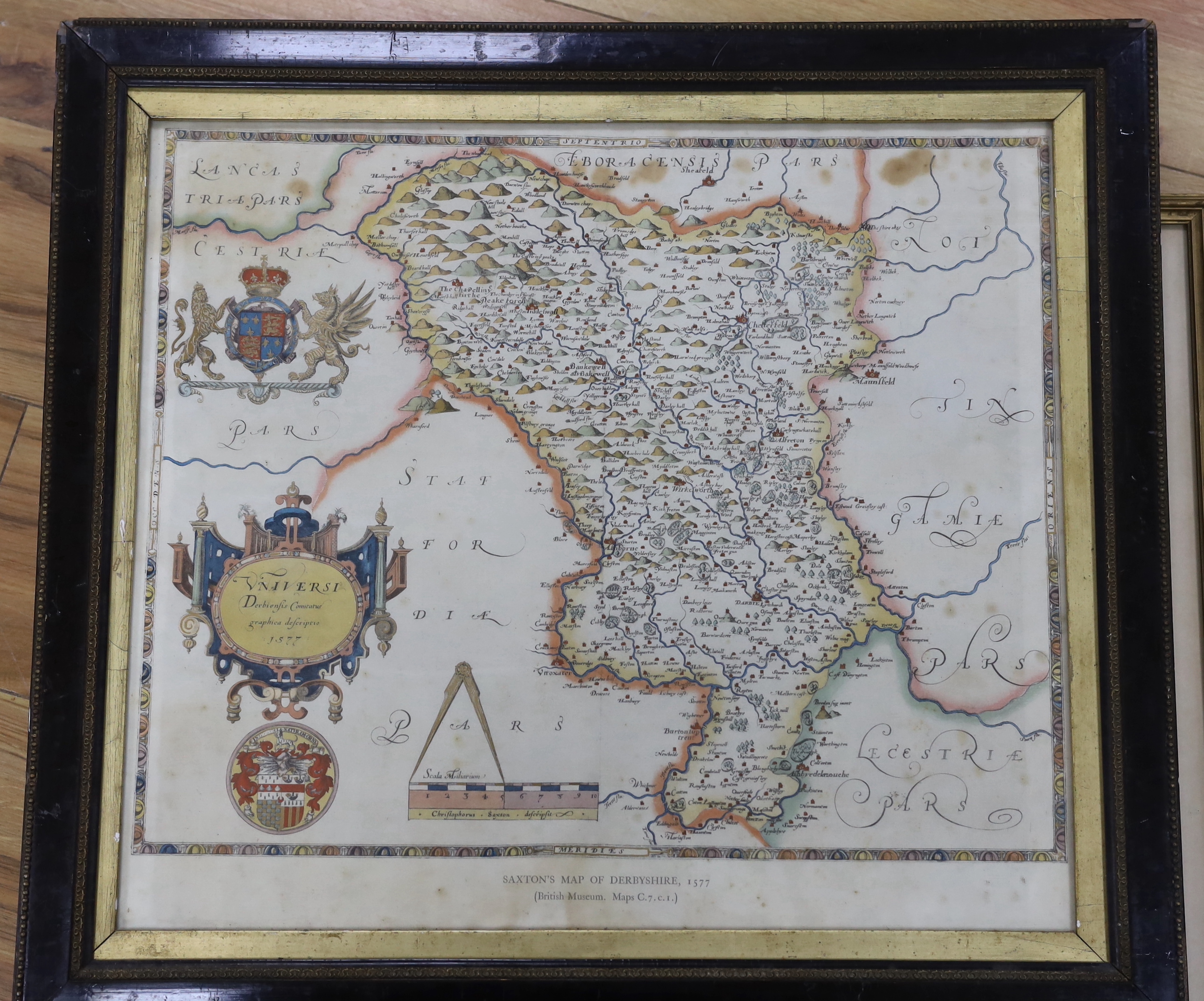 Collection of watercolours, prints and maps including, A.M. Parkin watercolour (initialled) woodland, early G.P. Rugendas piux 1696, a J K Baldry print and a hand coloured map of Derbyshire, the largest 49cm x 43cm (5)